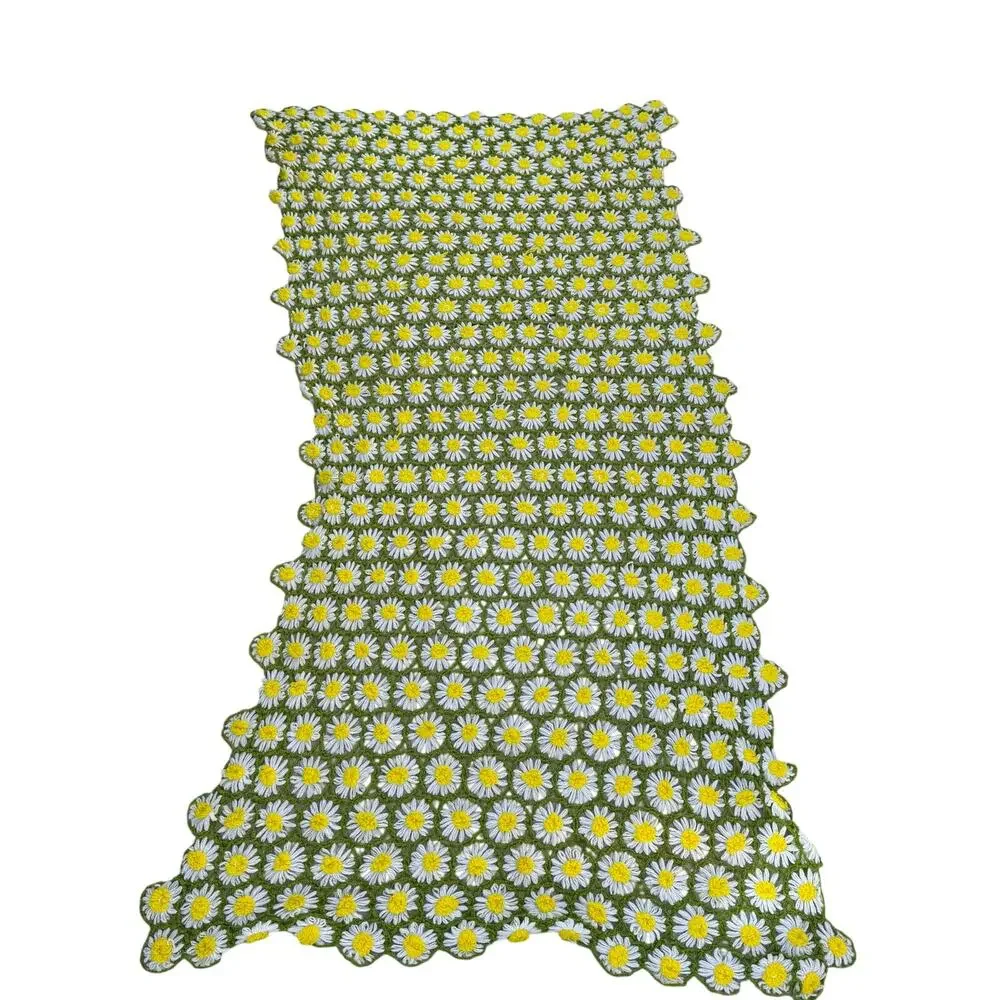 Vintage Crochet Daisy Puff Stitch Afghan Throw Blanket Green Yellow White 42x86